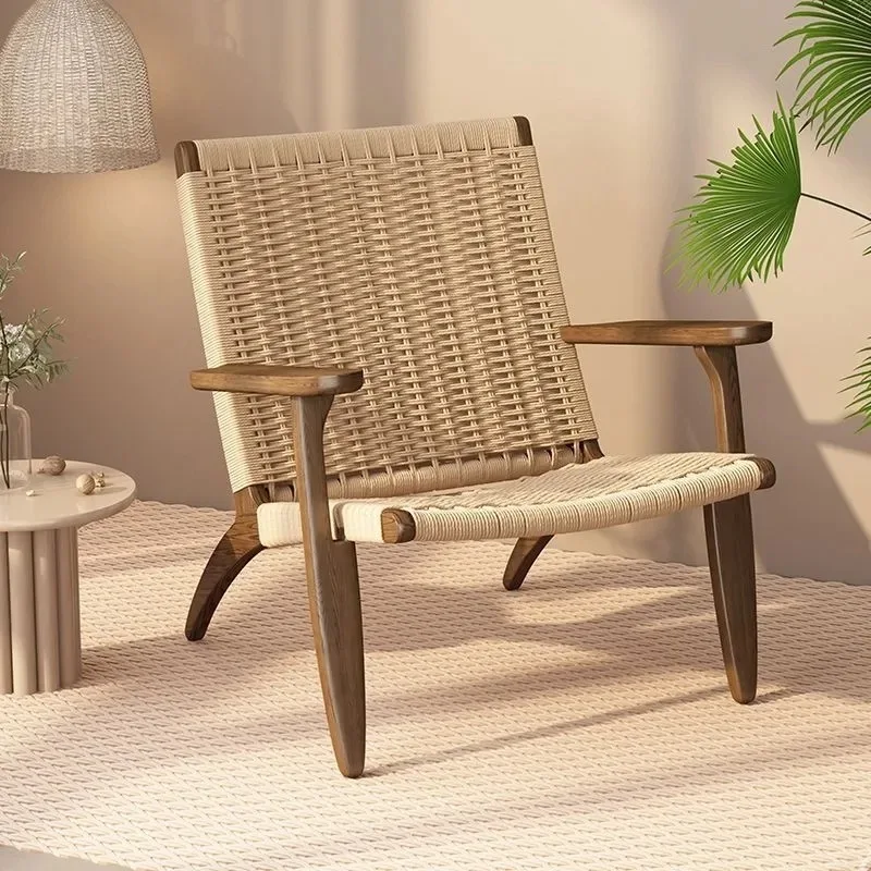 European Solid Wood Living Room Chairs Rope Back Armchair Leisure Home Balcony Lazy Sofa Recliner Designer Home Furniture - Image 4